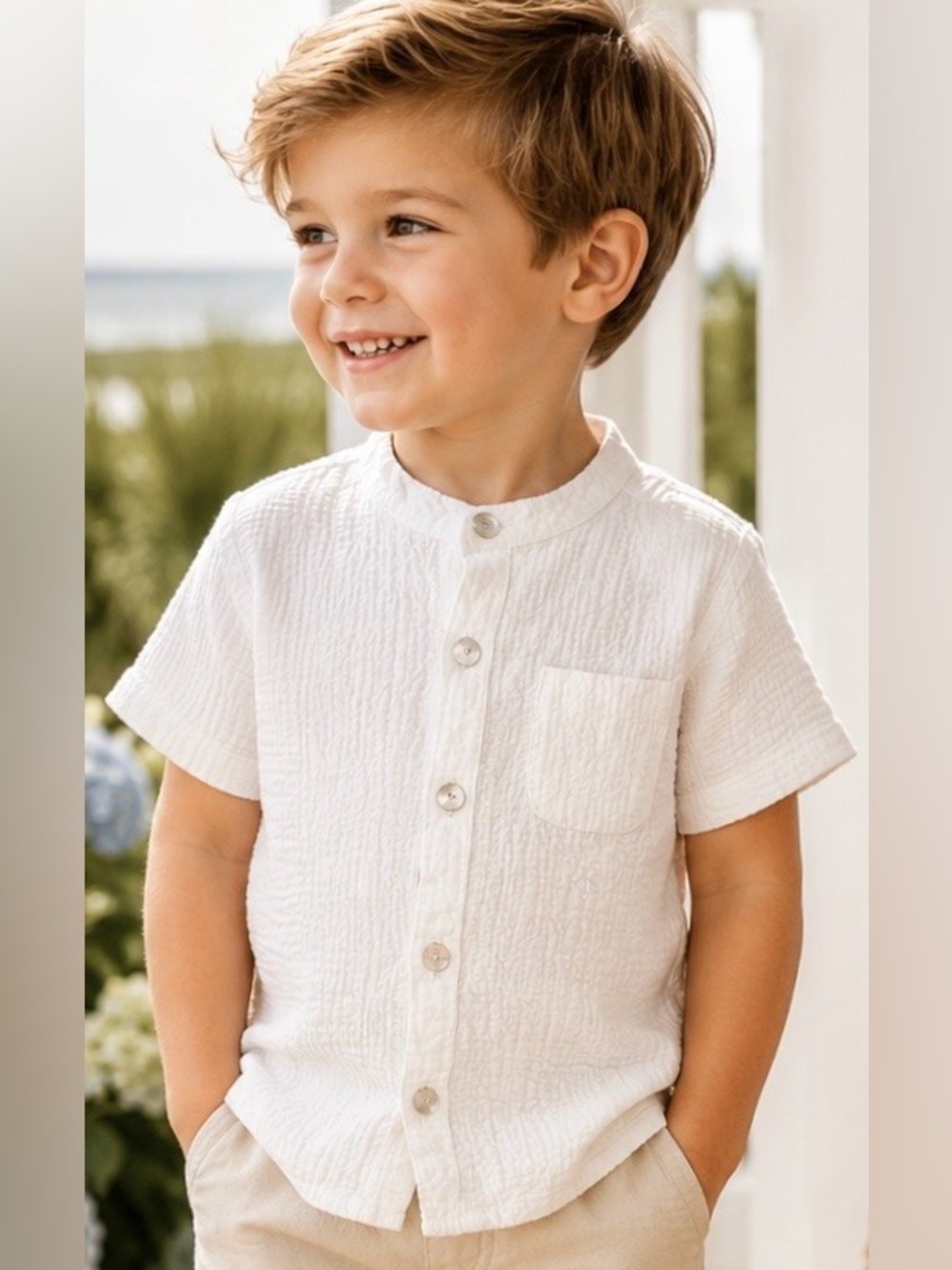 Hannah Kate Toddler Boys White Textured Cotton Button Down Shirt Size 2